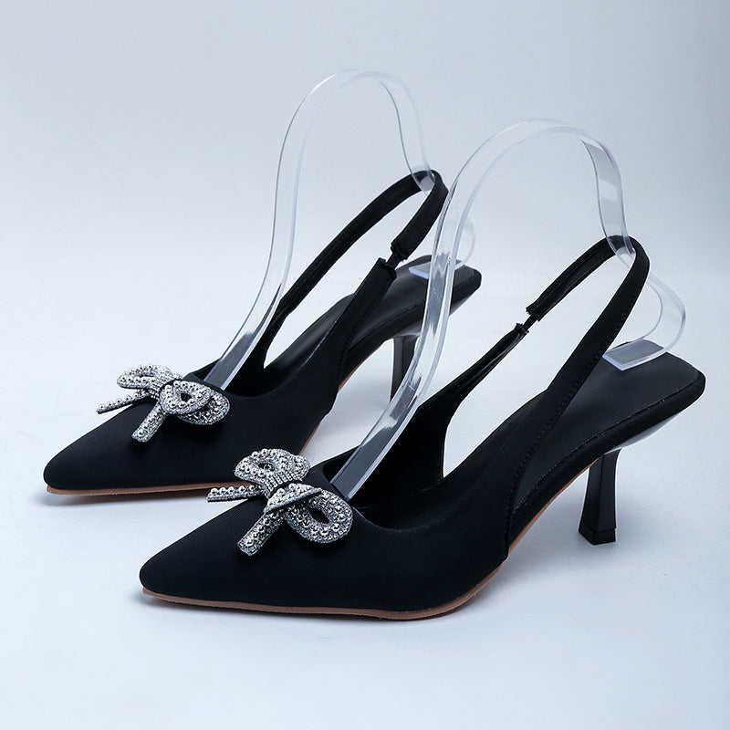 2026 new women's high heel sandals - pointed toe, ankle strap with bow, rhinestone chain detail, stiletto heel, low-cut pumps