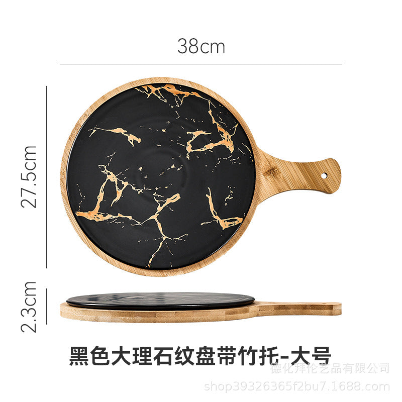 Nordic high-looking desktop flat steak plate with heat-insulating wooden tray creative marble plate manufacturer wholesale