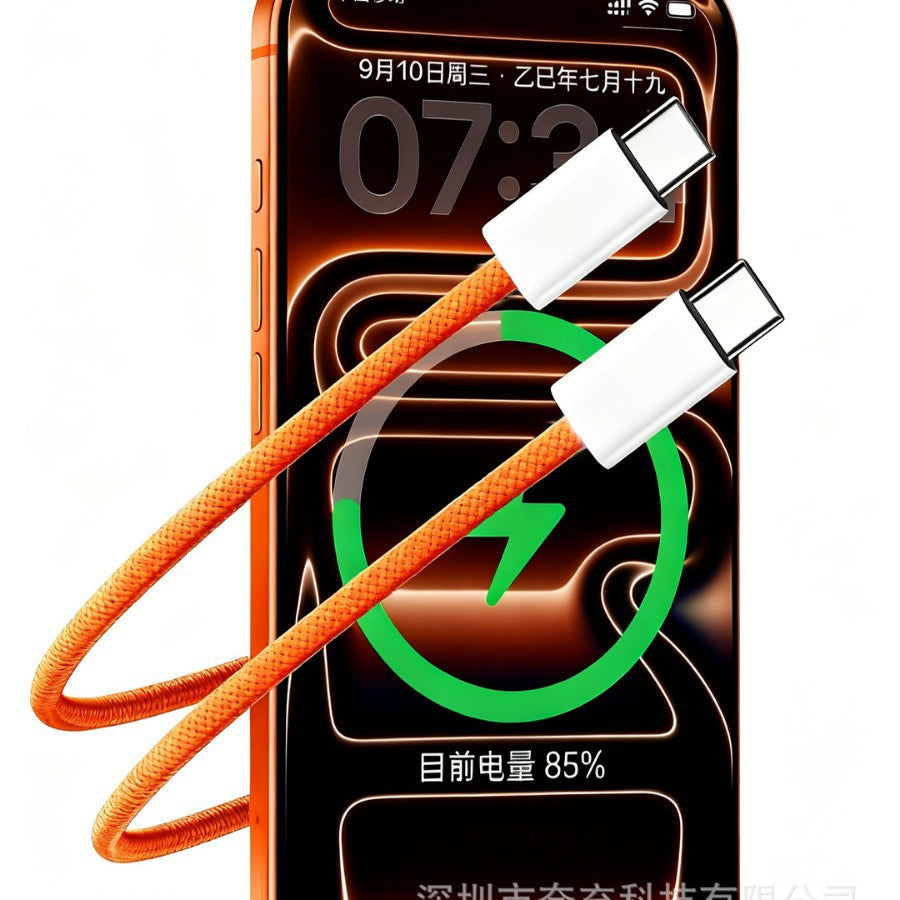 New braided data cable for apple 17 pro max - orange, pd 60w dual-head type-c fast charging cable