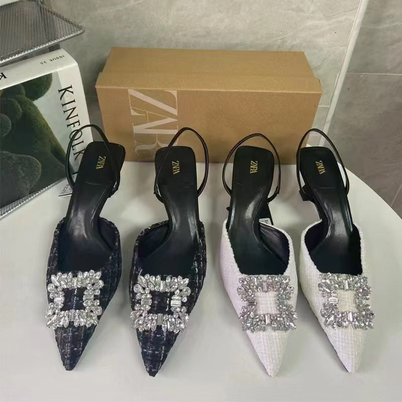 Za2024 new summer pointed-toe chanel-style canvas rhinestone square buckle embellished low-cut slingback sandals for women