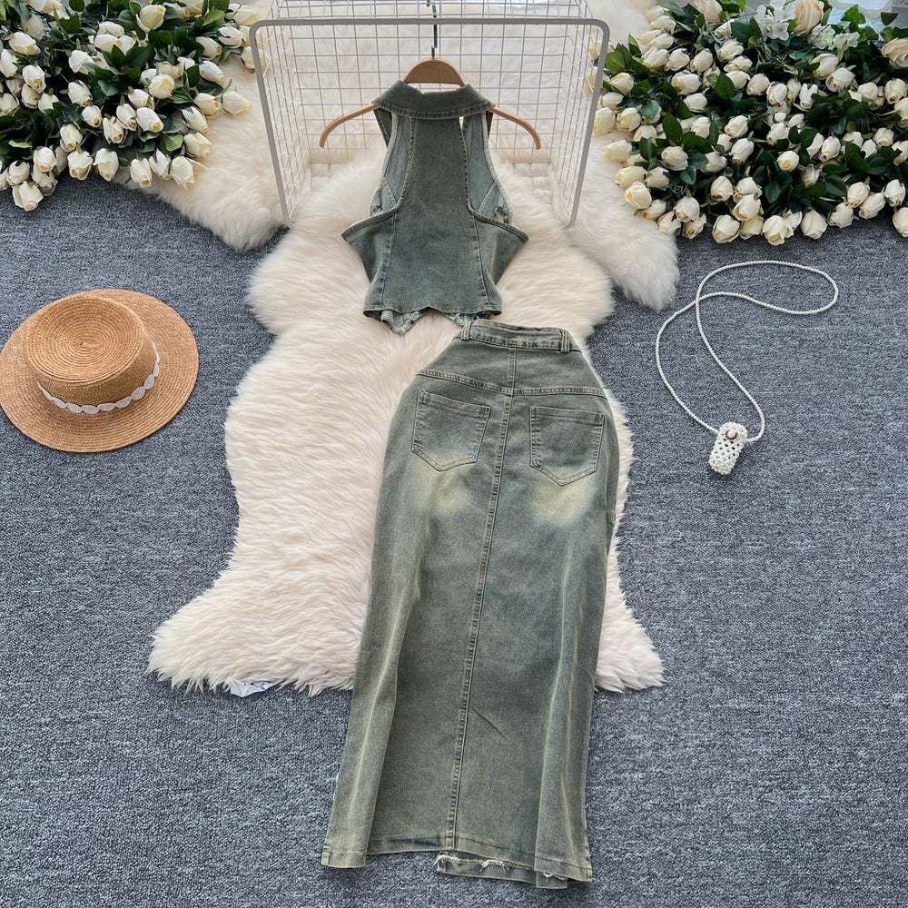 American retro washed distressed halter sleeveless lapel raw edge denim topstwo-piece set slit silm skirt
