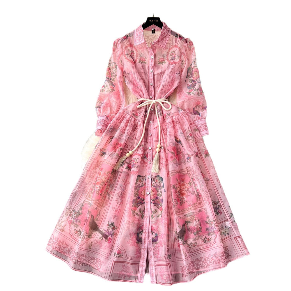 European court style spring dress for women - designer vintage print, slim fit, long, high-end, elegant dress