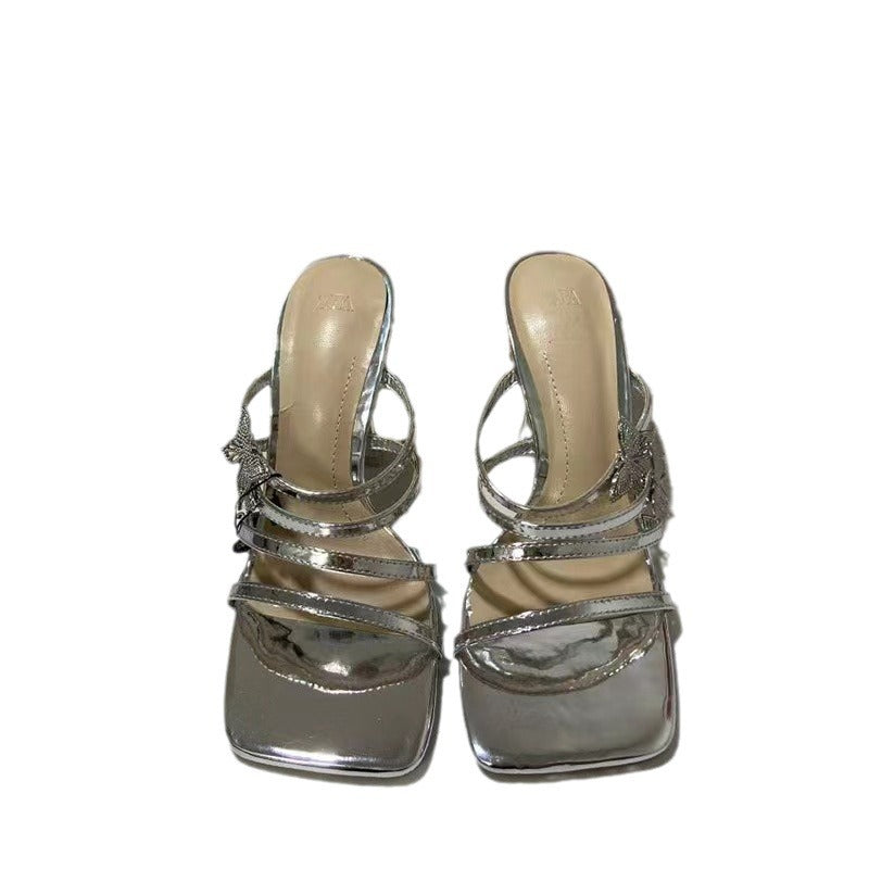 2024za new summer women's high heels - single strap, low-cut, square toe, metal butterfly buckle detail, silver open back sandals