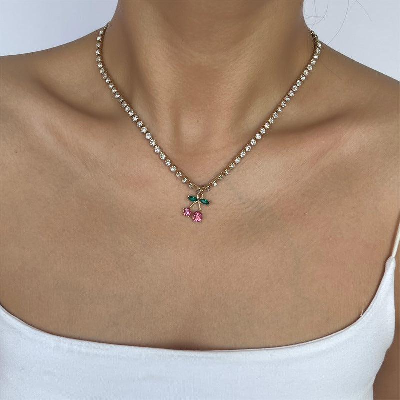 Wholesale autumn/winter necklaces: european and american style cute cherry alloy rhinestone pendant, versatile high-end gold-plated women's choker necklace