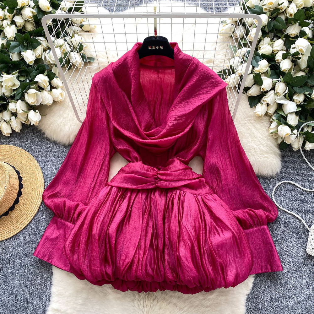 Atmosphere halter neck ribbon swing collar long sleeves waist tops women autumfashionfashion puffy flower bud skirt