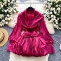 Atmosphere halter neck ribbon swing collar long sleeves waist tops women autumfashionfashion puffy flower bud skirt
