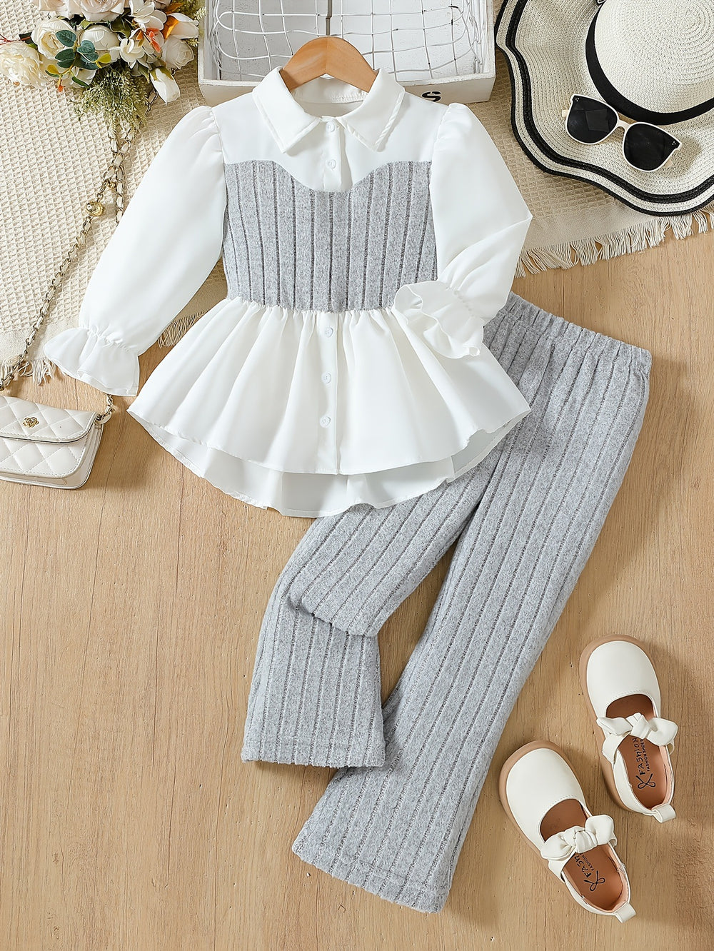 girls' pink knitted vest & lace-trimmed shirt set with woolen striped trousers - two-piece outfit for kids