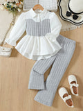 girls' pink knitted vest & lace-trimmed shirt set with woolen striped trousers - two-piece outfit for kids
