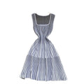 European and american style striped square neck sleeveless knitted dress - women's summer slim fit breathable chic retro mature mid-length dress