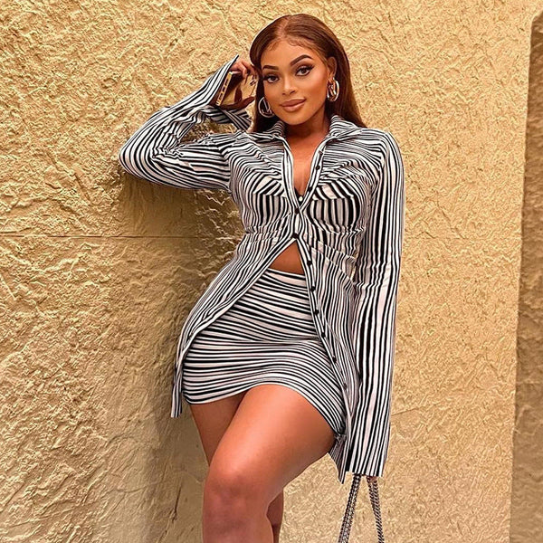 European and American tight skirt set,  shirt sleeve striped single-breasted medium-length shirt, short two-piece suit for women