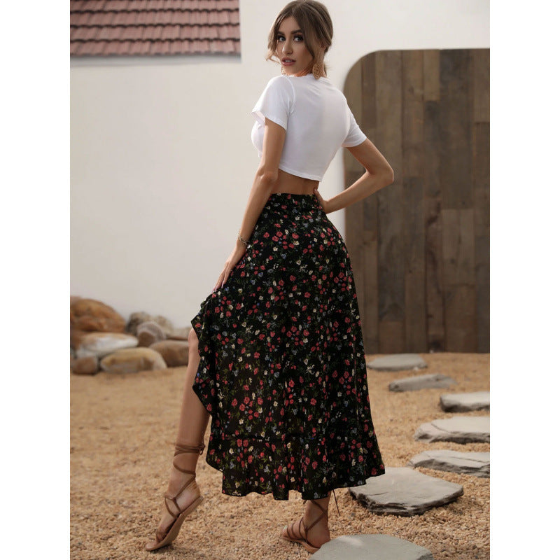 Women's floral high-waisted midi skirt with asymmetrical ruffle hem and slit – perfect for spring/summer vacation and casual wear