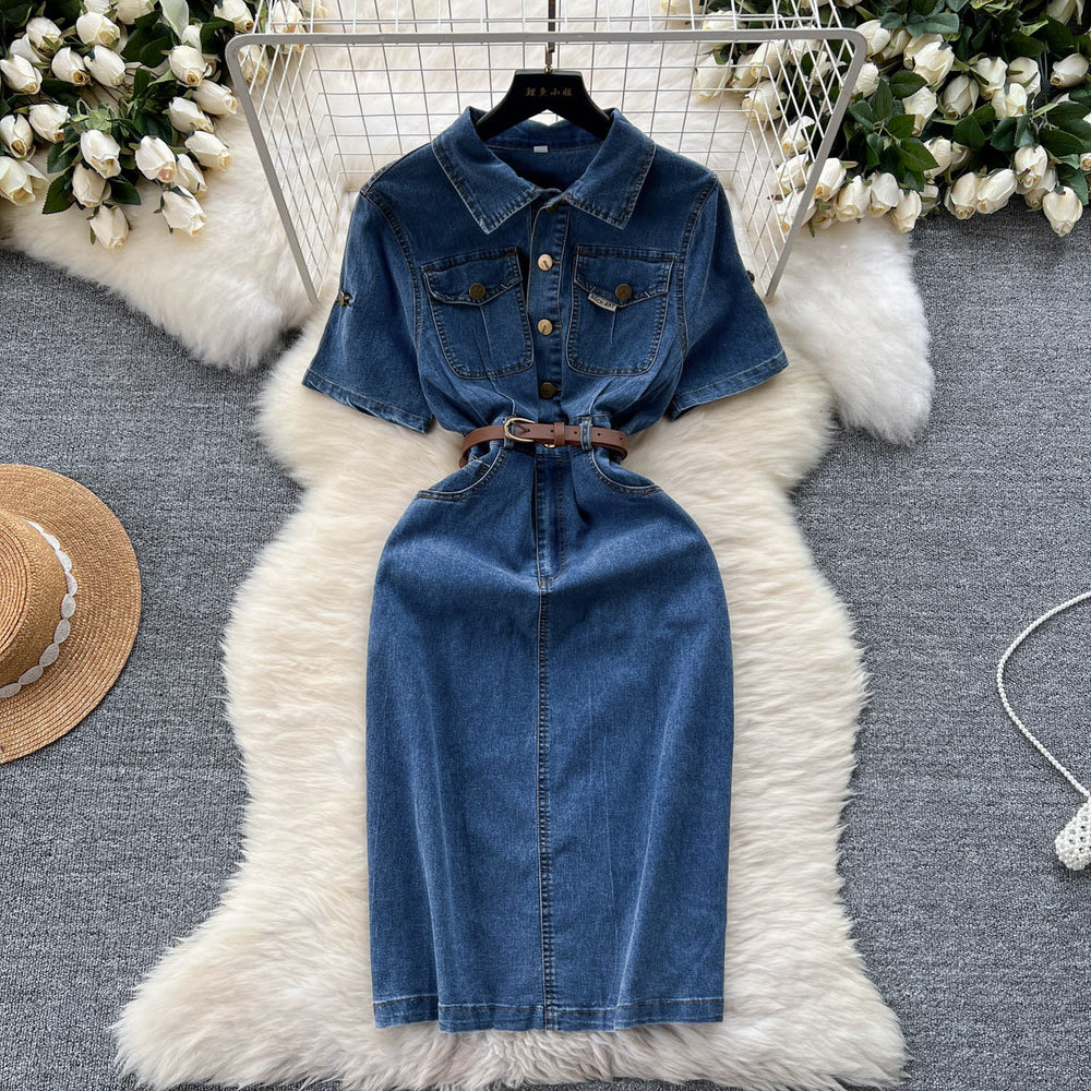 Sense of designniche style denim dress female k-stylesummercasualelegant medium longslimming look short-sleeved shirt long skirt