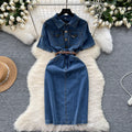 Sense of designniche style denim dress female k-stylesummercasualelegant medium longslimming look short-sleeved shirt long skirt