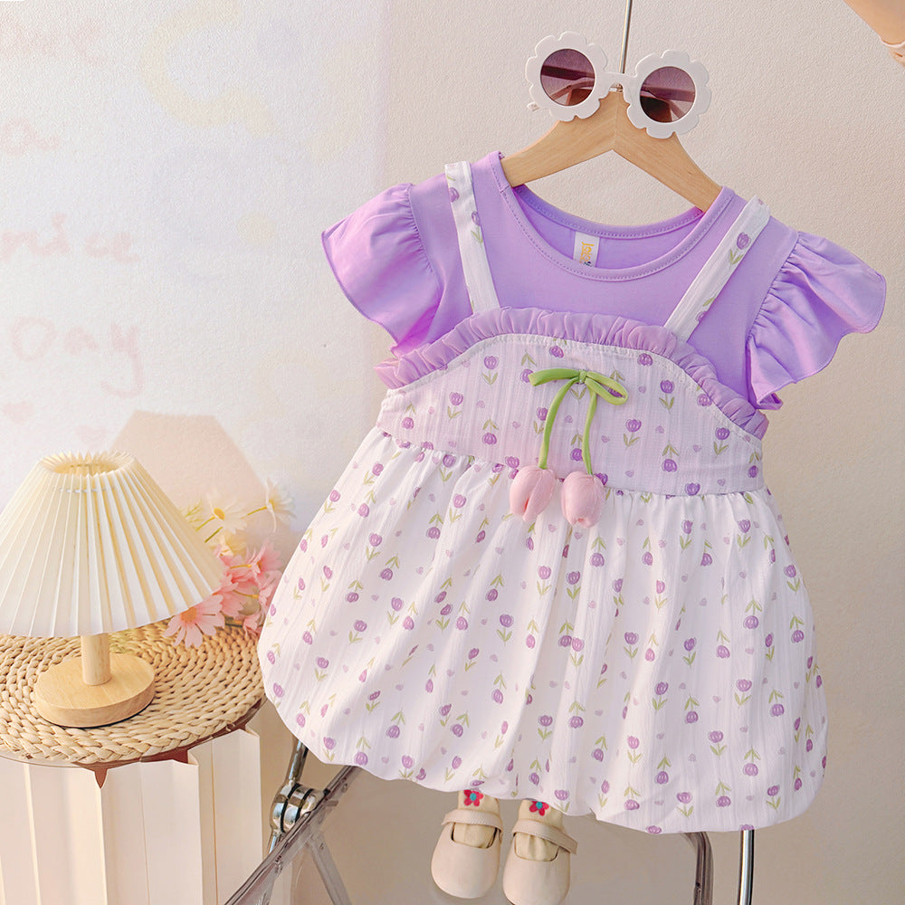 summer girls' cartoon dress - new floral print short-sleeve dress for toddlers and young children (faux two-piece)