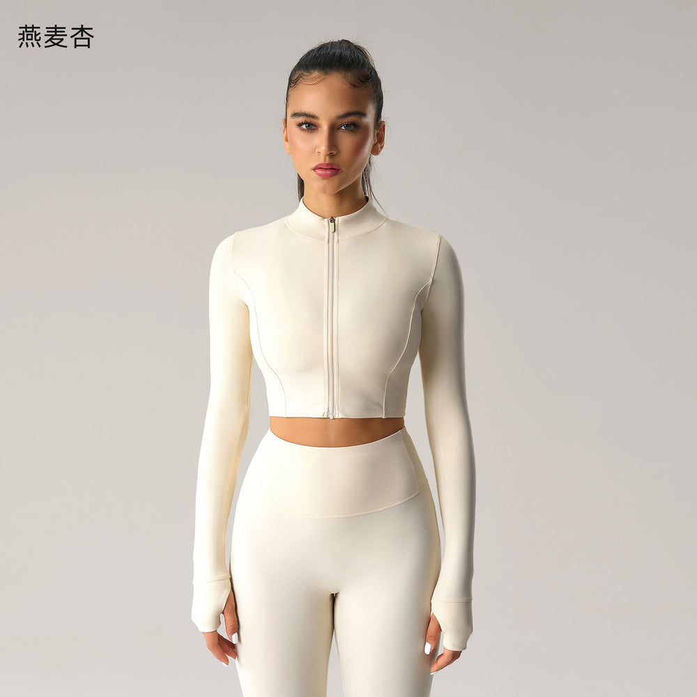 Fashion cross-border nude long sleeves yoga fitness suit women's back sports intimateshigh waist hip lifting tight nine-point pants