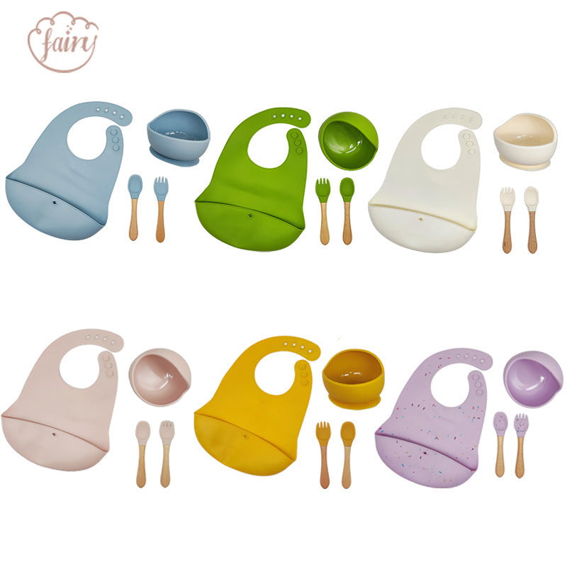 Cross-border Children's Tableware Set Food Grade Silicone Bib Supplementary Food Silicone Bowl Tableware Set Three-piece Set