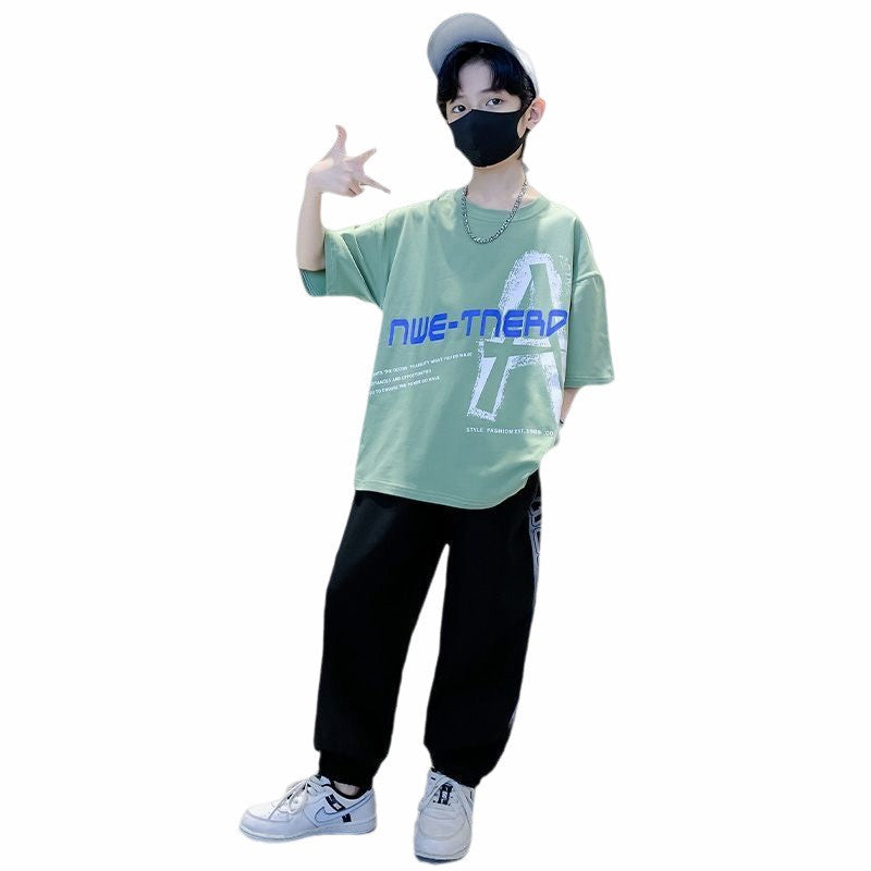 Boys' summer outfit set, big kids' summer style,  new arrivals, kids' boys' summer short-sleeve tracksuit, stylish and trendy