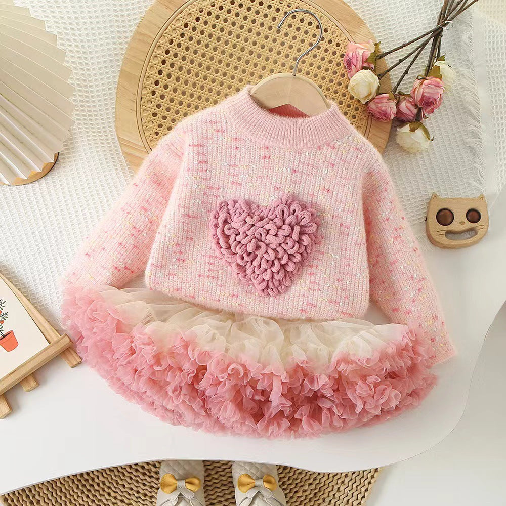 Girlsweater round neck knitting bottom shirt new arrival heartcolorfulsweetfleece-linedthickened children's sweater