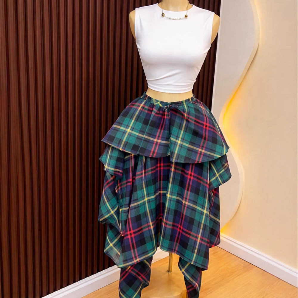 European and american cross-border women's fashion:  summer new arrival - high-waisted tie-waist plaid asymmetrical midi a-line skirt