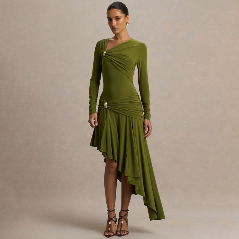 Wholesale women's fashion: spring  new collection - slim-fit, sexy, ruched, asymmetrical bodycon dress for export