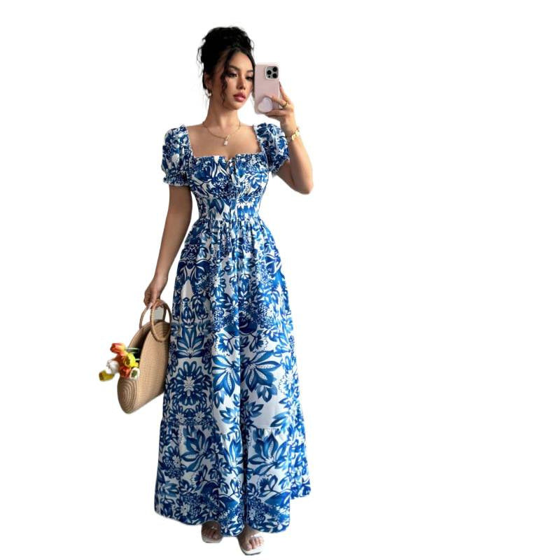 european and american cross-border foreign trade women's short-sleeved printed loosedress medium long skirt