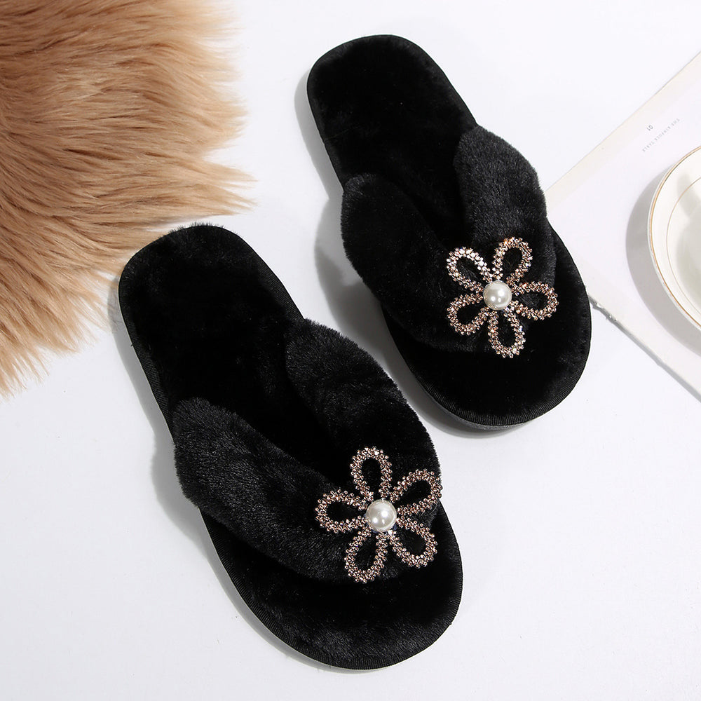 New rhinestone flower european and american plus size foreign trade cross-border popular tiktok artificial pearl thong flip-flops