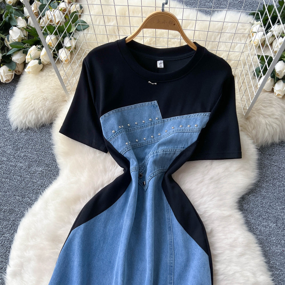 Korean style fashionable elegant asymmetrical short sleeve patchwork rhinestone waist denim dress women's summer slit maxi dress