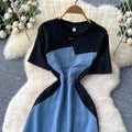Korean style fashionable elegant asymmetrical short sleeve patchwork rhinestone waist denim dress women's summer slit maxi dress