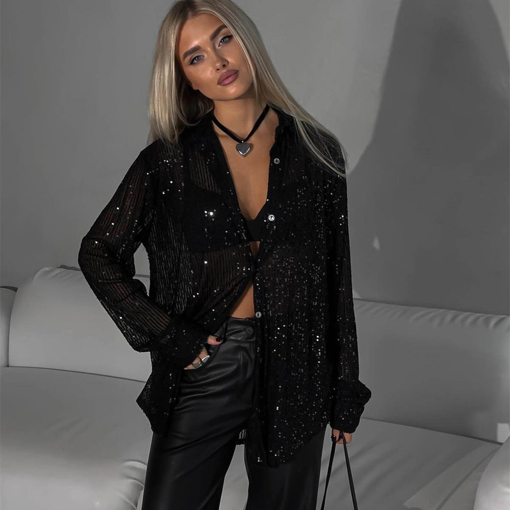 spring/summer new european and american style sequin top, collared long sleeve cardigan, basic cross-border women's blouse jacket