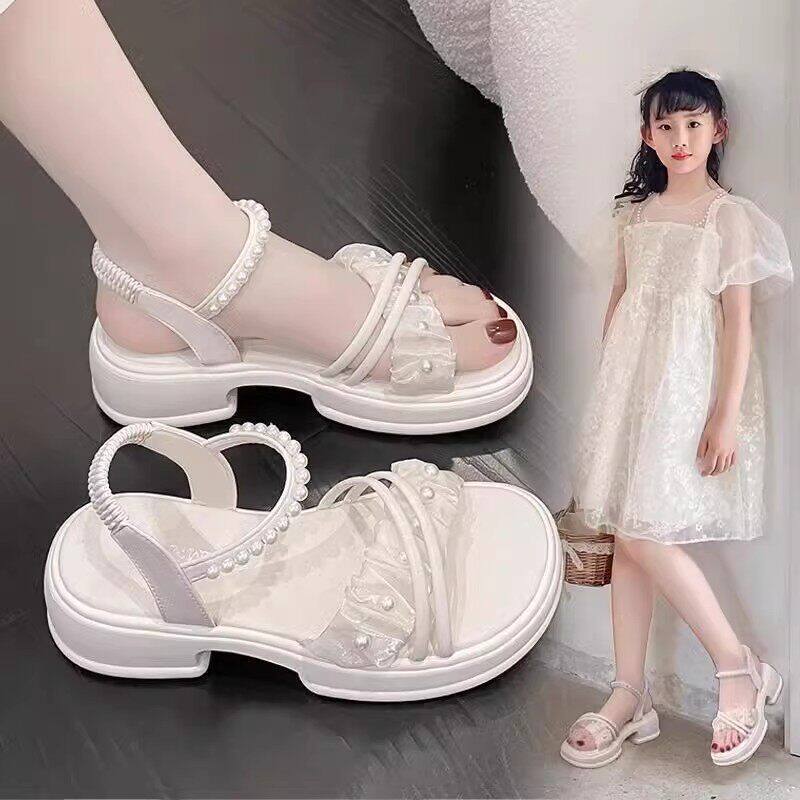 Girls' sandals: new  summer princess style, slip-on, trendy, for school girls, mid-to-large children, kids' beach sandals