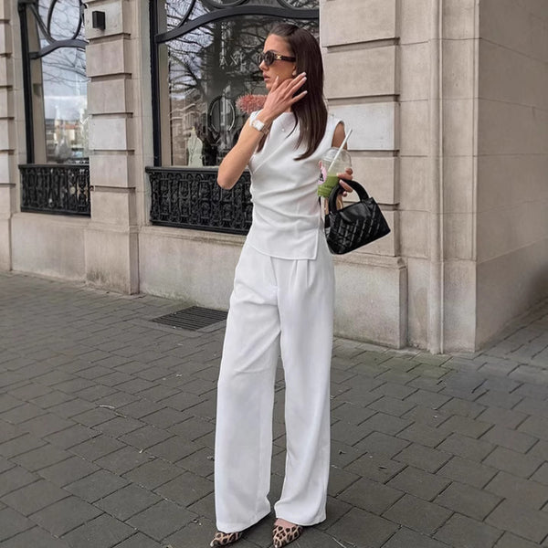 2025 autumn workplace commute white sleeveless top trousers two-piece set women's fashion  vest set women's clothing
