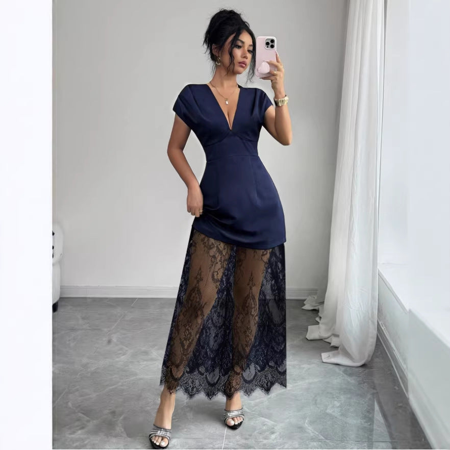 Amazon women's spring/summer new arrivals: elegant v-neck sexy urban lace patchwork short sleeve dress/gown