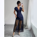 Amazon women's spring/summer new arrivals: elegant v-neck sexy urban lace patchwork short sleeve dress/gown