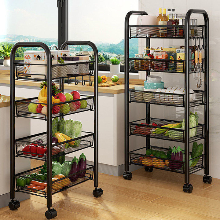 Movable kitchen storage rack drop-down floor for home multi-layer carbon steel storage rack trolley vegetable rack wholesale