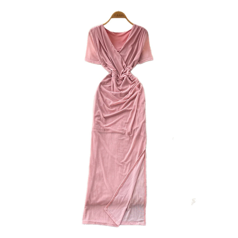 Elegant v-neck tie-waist short-sleeve dress - women's summer korean style slim fit slit maxi dress