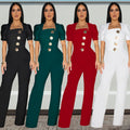 C7378 cross-border   fashion women's large button short sleeve sporty wide leg jumpsuit new