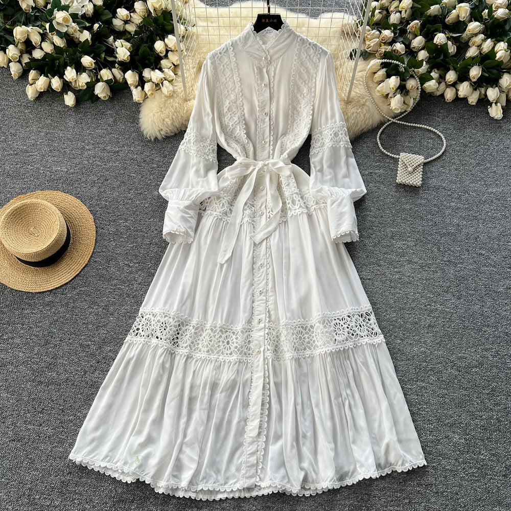 Frenchclassyretrolacepatchwork pearl single breasted slimmingelegant stand collar lantern sleeve large swing dress