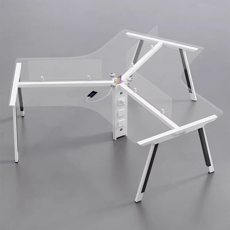 Steel frame asymmetrical creative three-person office desk and chair set, 6-seat employee workstation, minimalist modern computer desk