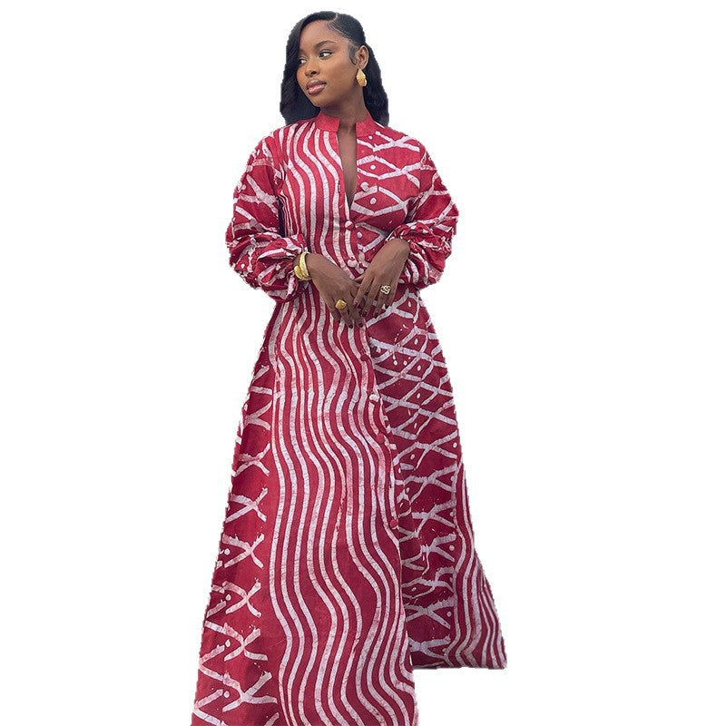 European and american women's clothing  autumn new collection: sweet and fresh printed stand collar lantern sleeve high-waisted a-line shirt dress
