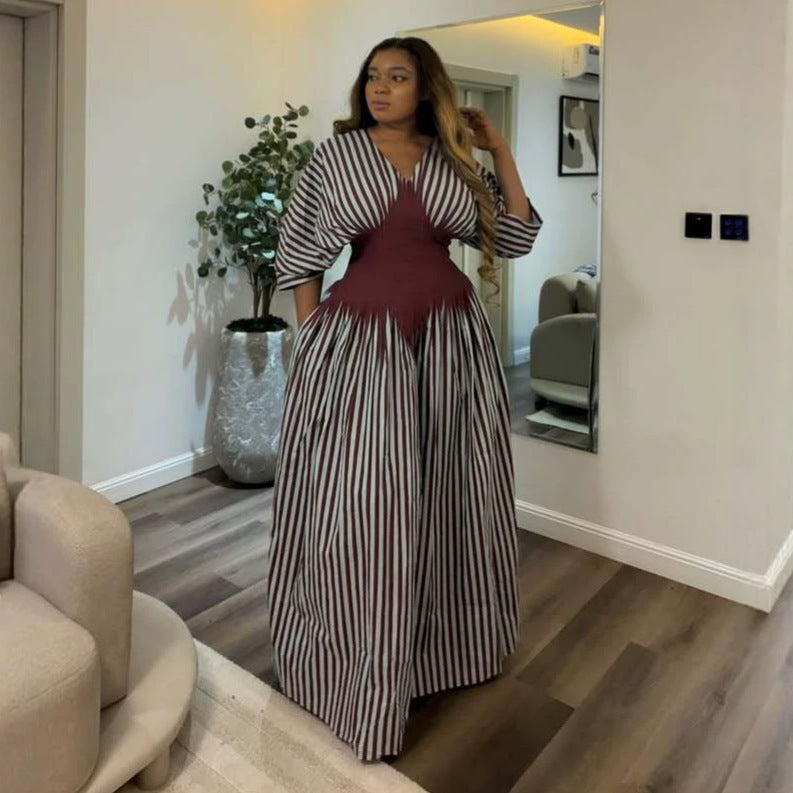 European and american cross-border women's clothing:  summer new arrival - elegant, high-end striped pleated waist-defining long a-line dress