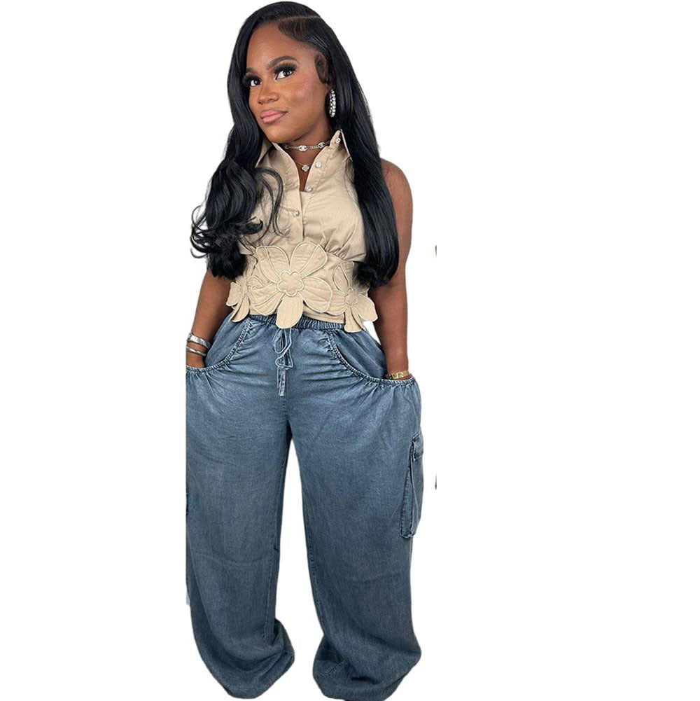 European and american style women's casual jeans -  cross-border fashion - elastic waist, drawstring tie, multi-pocket, straight-leg trousers