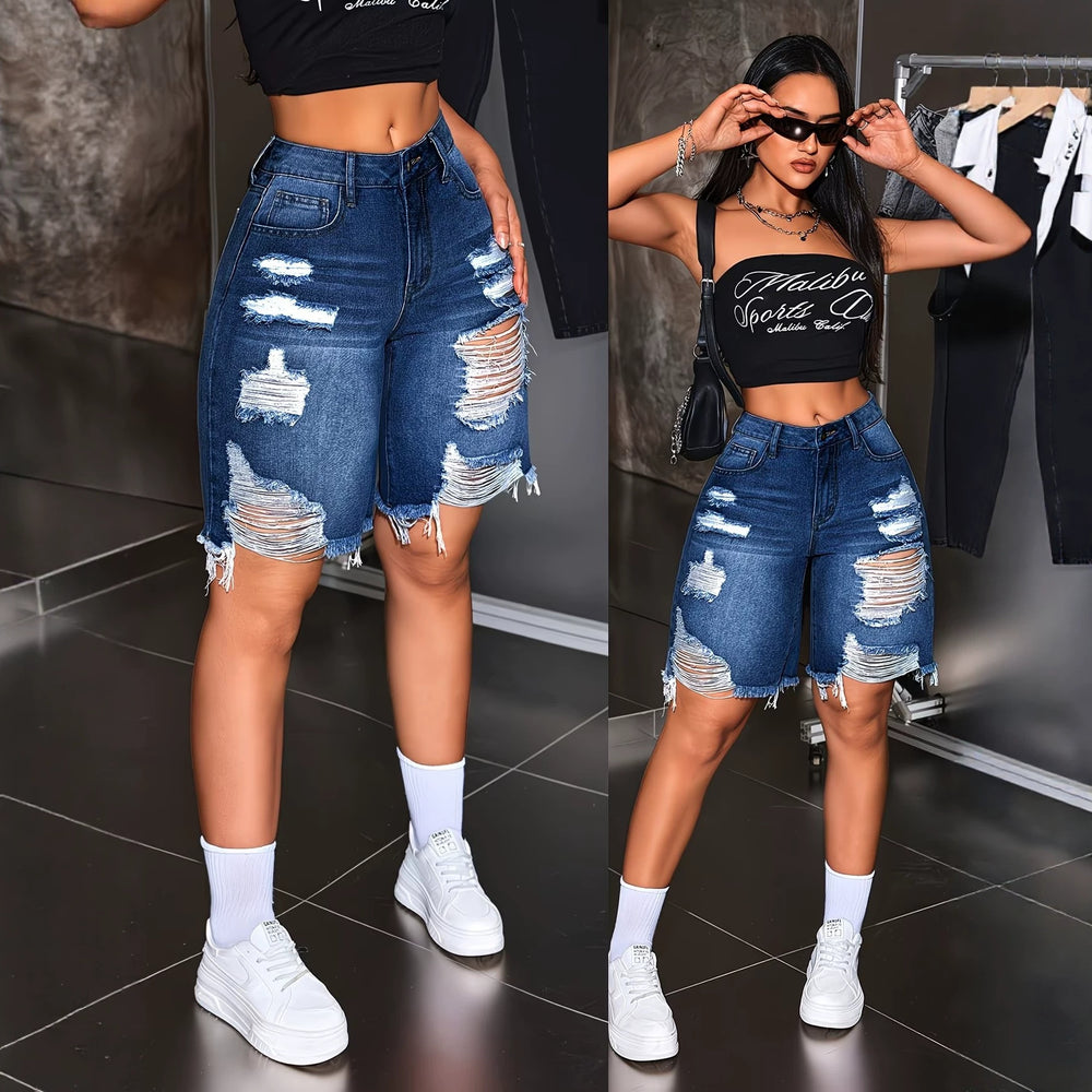 European and american jeans women's large holes raw edge half length pants high street trendy brand loosestraight-leg beggar cross-border hot sale