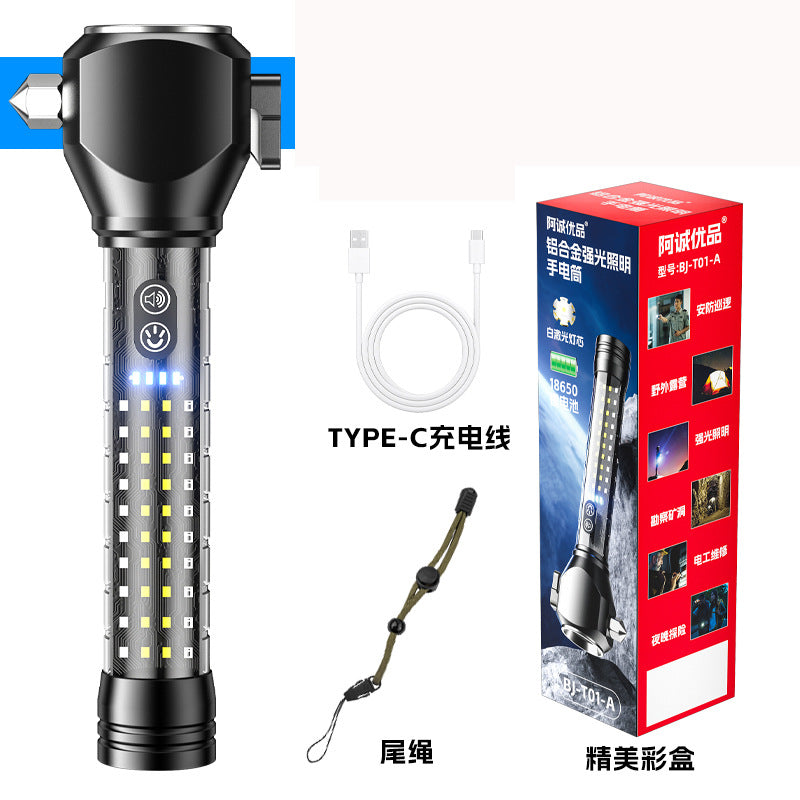 Cross-border new safety hammer flashlight Type-C charging outdoor with cutter alarm Car LED flashlight