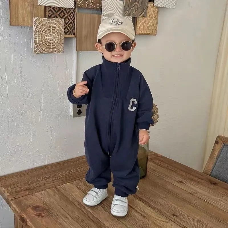 Newborn infant casual korean style long-sleeve zip-up romper - fashionable outfit for baby boys and girls, perfect for strolls and crawling
