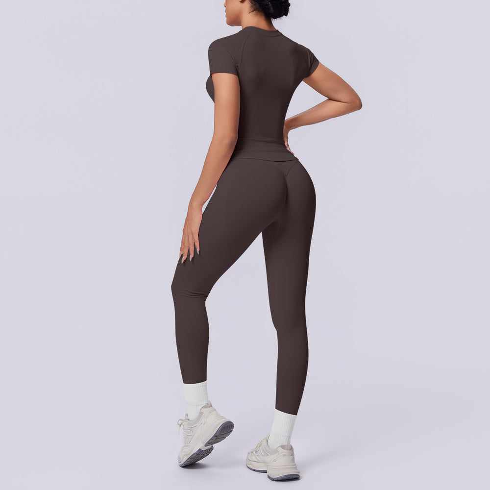 fashion seamless knittingpure color tight breathable long yoga suit sports running fitness two-piece set