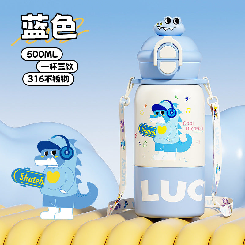 Double-drink kids' thermos with straw, 316 stainless steel, cartoon portable bounce lid, creative figurine student water bottle