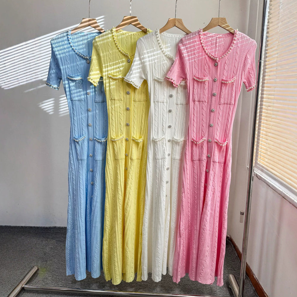 Export women's french tweed style elegance celebrity silm short-sleeved knittingdress beaded fishtail mid-length skirt