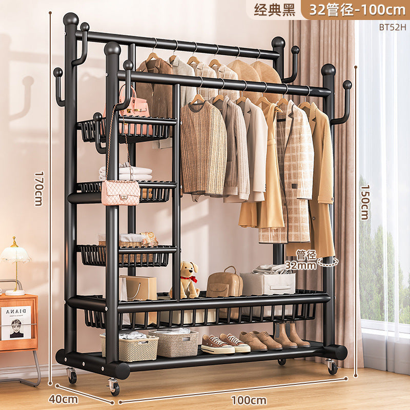 Clothes rack floor-standing bedroom for home double-pole clothes drying rack movable clothes rack indoor clothes storage coat rack