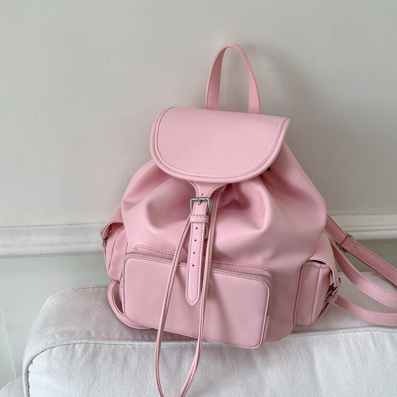 Simple and fashionable soft leather backpack bag 2025 summer new large-capacity backpack college student drawstring schoolbag women's bag