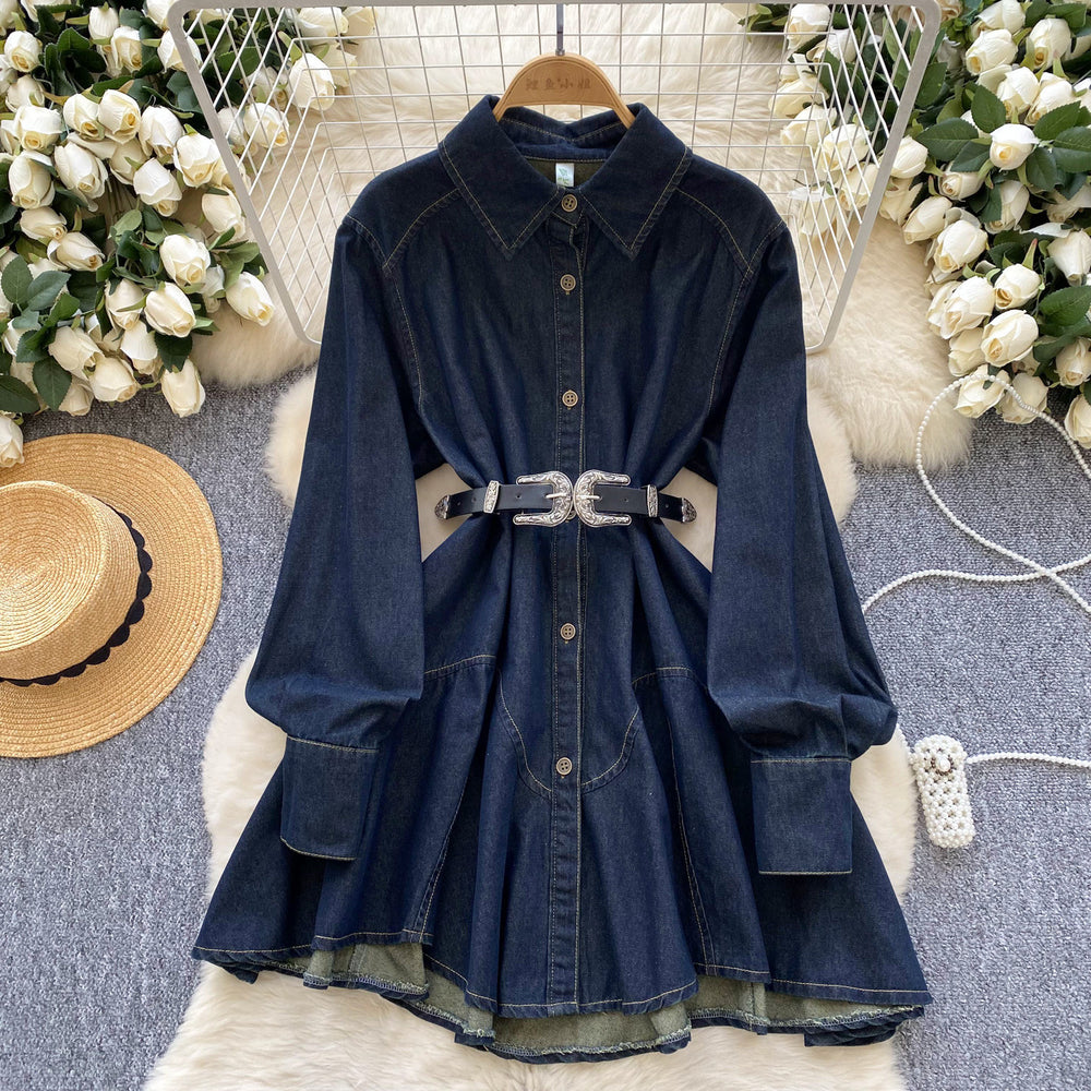 New spring chic hong kong style retro high-end loose slimming irregular tie-waist denim dress for women